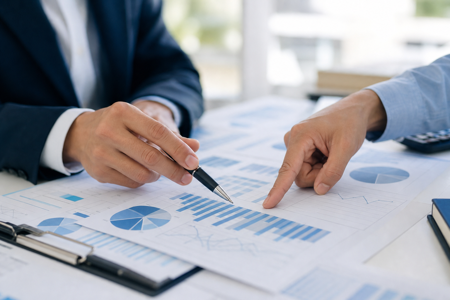 Reviewing business charts and documents