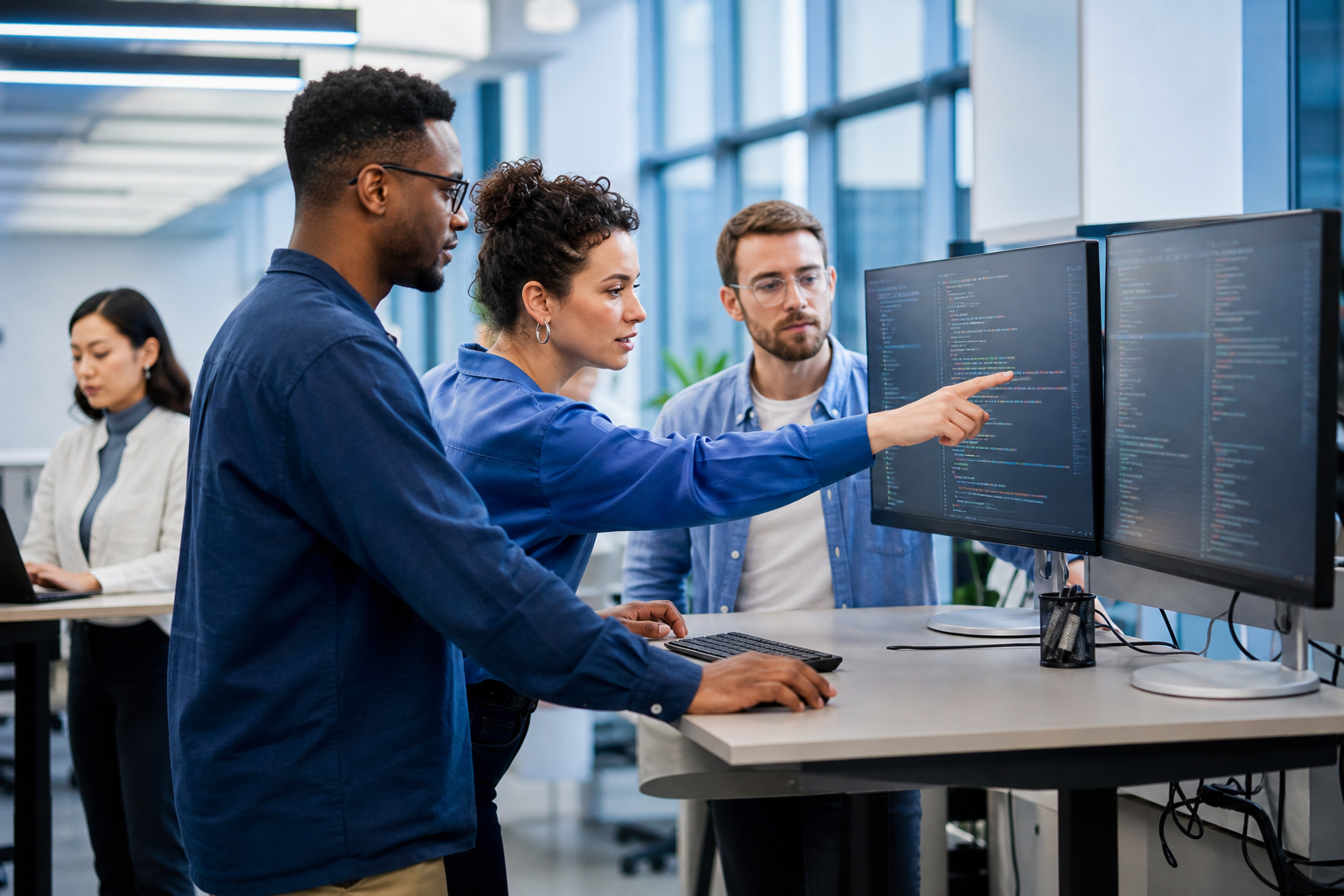 Developers collaborating at monitors in a modern software office