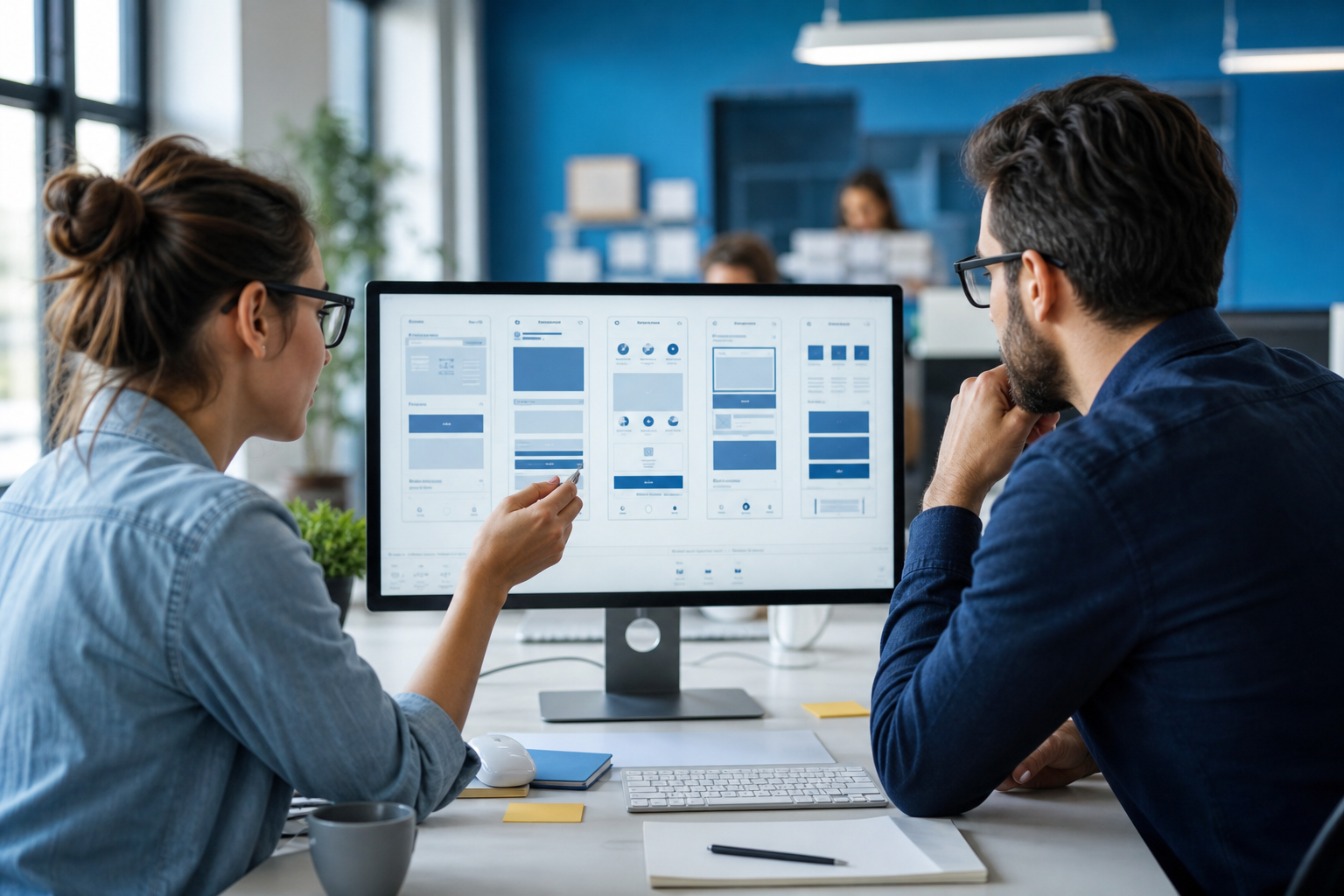 Designers reviewing UI wireframes on screen