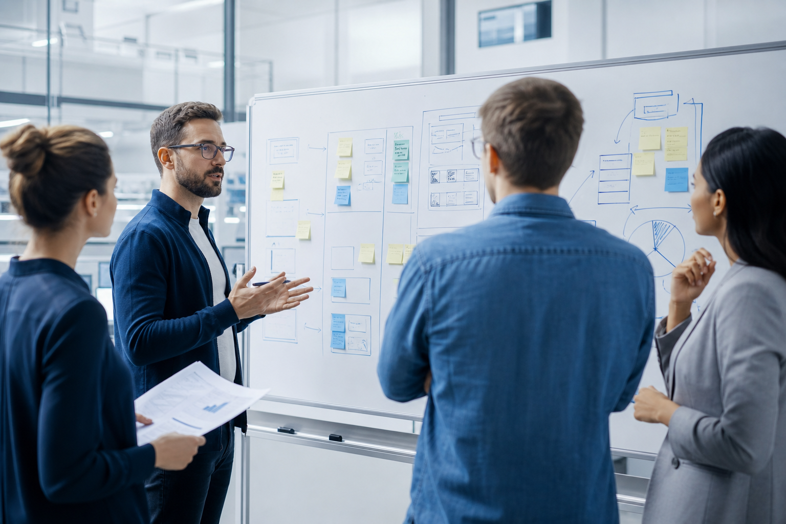 Engineering team planning sprint at a whiteboard