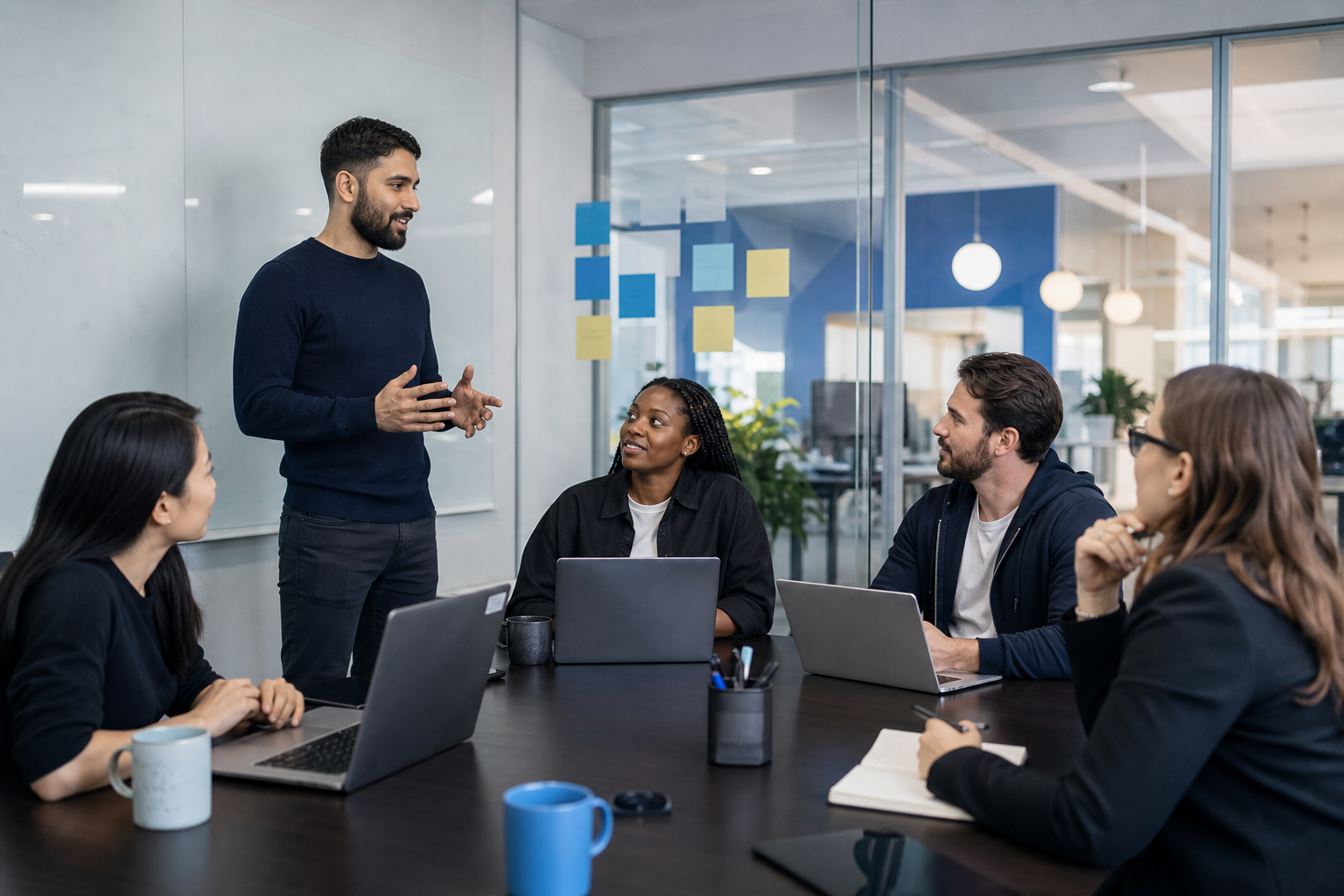 IT team standup meeting in a glass conference room